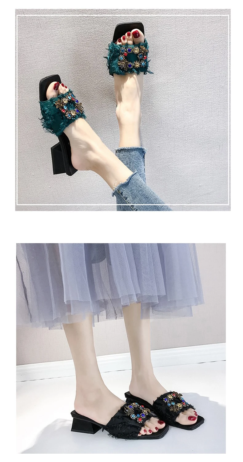 Шлепанцы с открытым носком на толстом квадратном каблуке; женская разноцветная обувь с кристаллами; Летняя обувь; женские роскошные брендовые шлепанцы; коллекция года