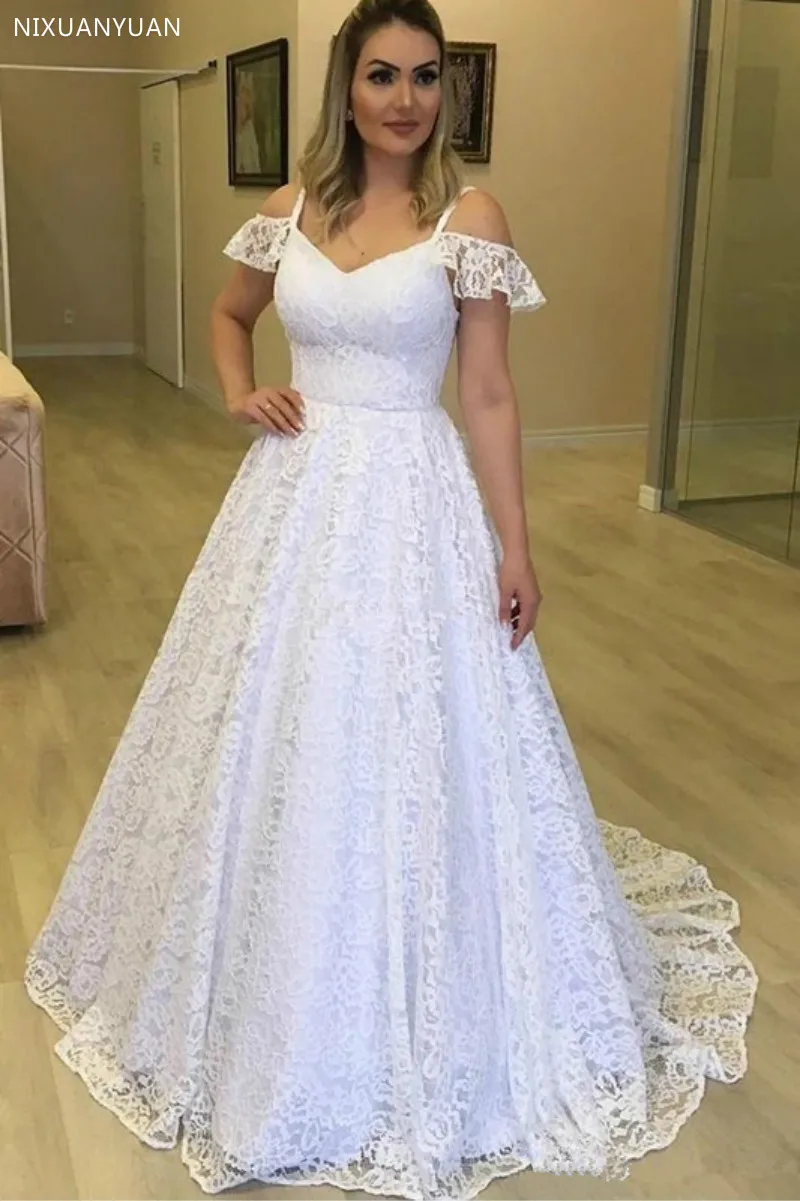 Великолепные кружевные свадебные платья спагетти с открытой спиной и шлейфом в