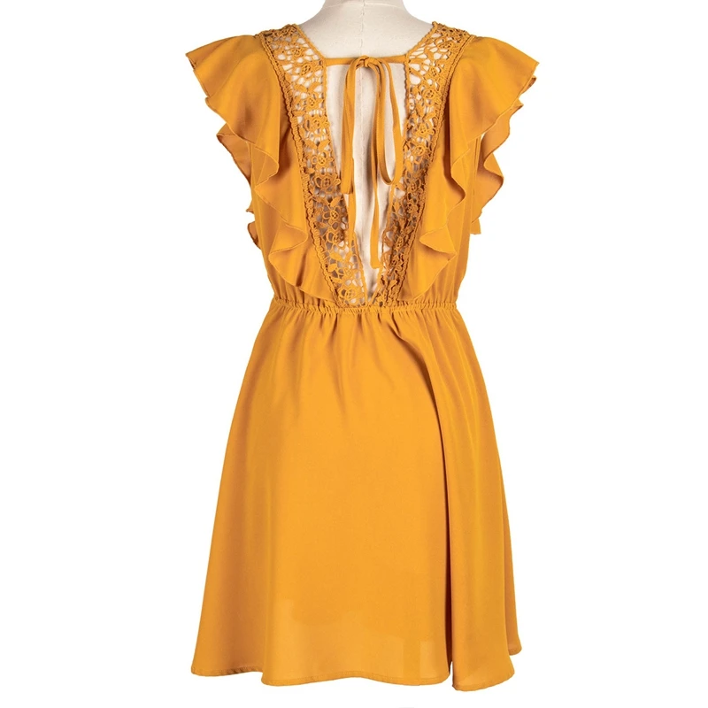 

Women's Solid Color Short-Sleeve Ruffle Mini Dress Summer Lace Stitching Party Dress