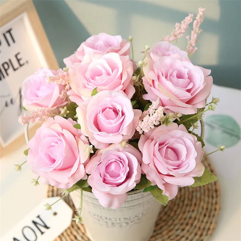 pink 9 головок, 6 цветов, искусственные шелковые розы, цветы, букет, Флорес, для дома, вечерние, весенние, свадебные украшения, для свадьбы, для свадьбы, искусственный цветок, Шелковый цветок - Цвет: pink