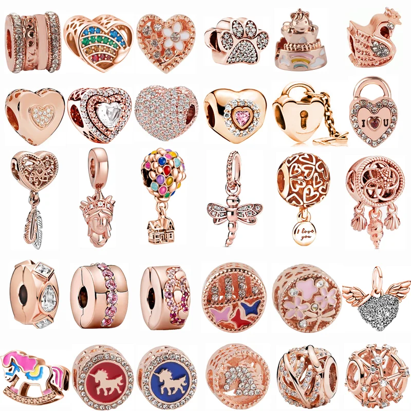 

New Rose Gold Heart Mom Flower Balloon Wing Feathers Unicorn Beads Fit Pandora Charms Bracelet DIY Fashion Original Jewelry Gift
