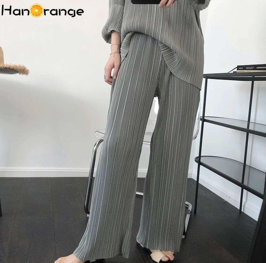 

Lazy Style Fold Pants Female Summer Elastic Drooping High Waist Wrinkled Wide-leg Pants Loose Sunscreen Women Casual Pleated