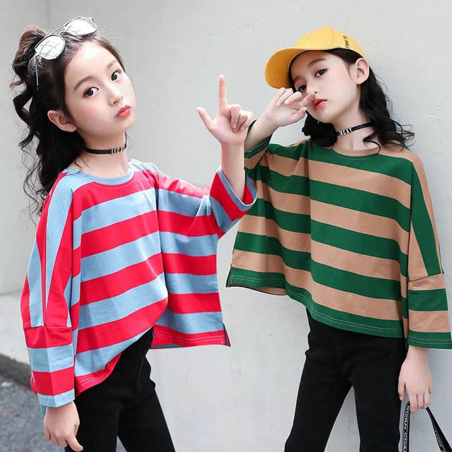Детская футболка полосатые футболки для девочек Футболка с рукавами летучая