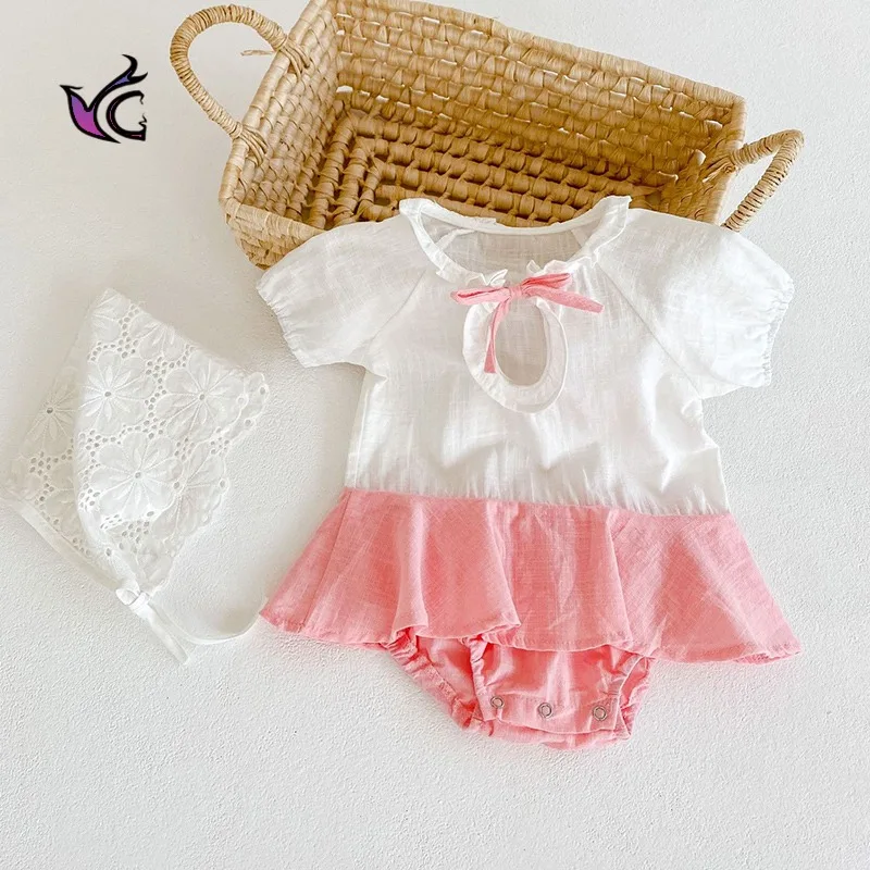 

2021 Summer Girl's Ear Edge Short Sleeve Skirt Khaki Cotton Baby Bodysuit Khaki Climbing Suit 0-2years Old