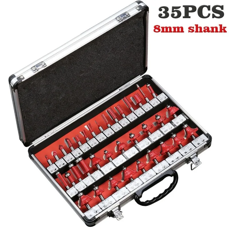 35PCS 8MM Shank Tungsten Carbide Router Bit Set Wood Woodworking Cutter Trimming Knife Forming Milling Carving Cutting Tools
