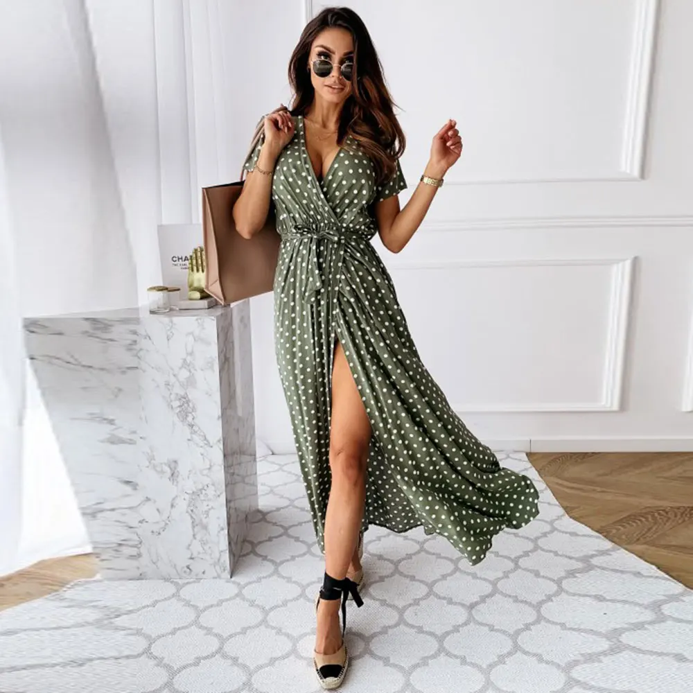 Женское длинное платье в горошек летнее Повседневное стиле бохо с v образным