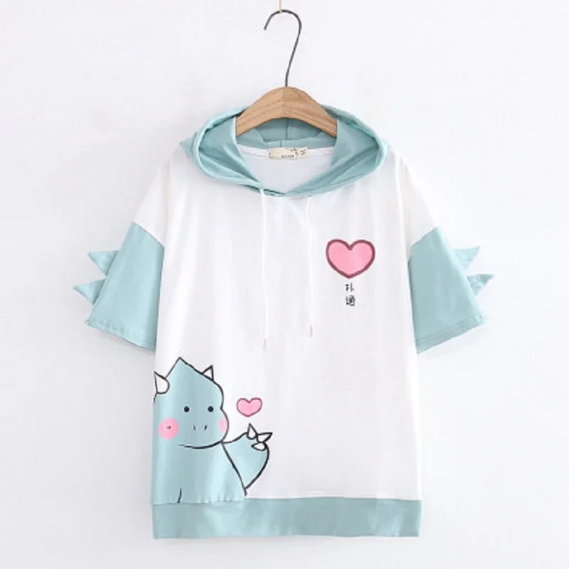 

Women cartoon dinosaur print hooded Harajuku T shirts short sleeve Cotton T Shirt 2021 Summer Sweet Style Kawaii Basic Tops Tees
