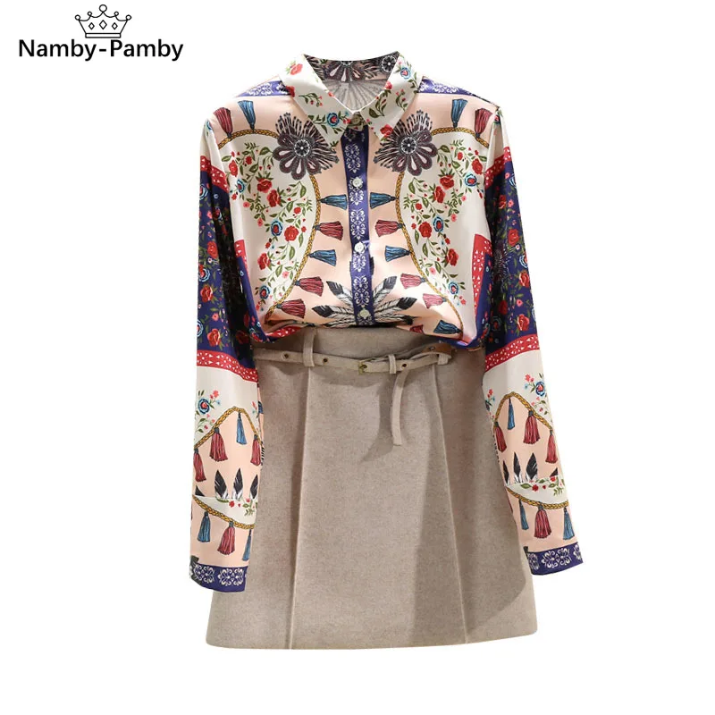 

Spring Autumn Women's Blouse Palace Style Hit Color Floral Long-sleeved Top Retro French Print Loose Female Tops LL307