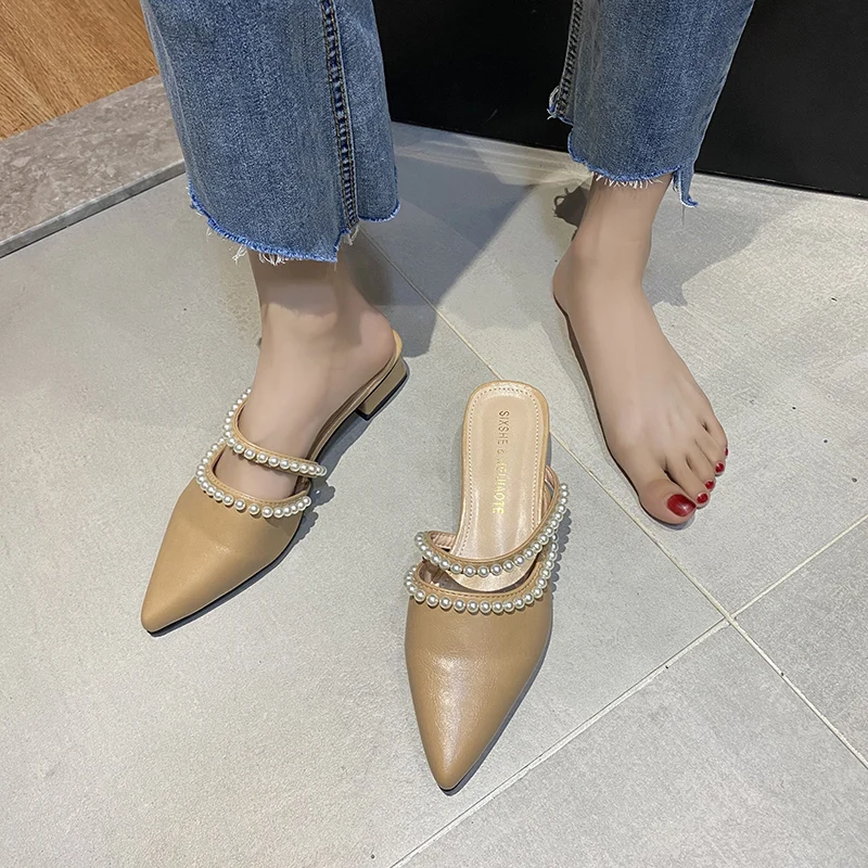 

Cover Toe Slippers Women Summer Female Mule Slides Fashion Square heel Shoes String Bead Low Pantofle Mules Soft Pointed Luxury