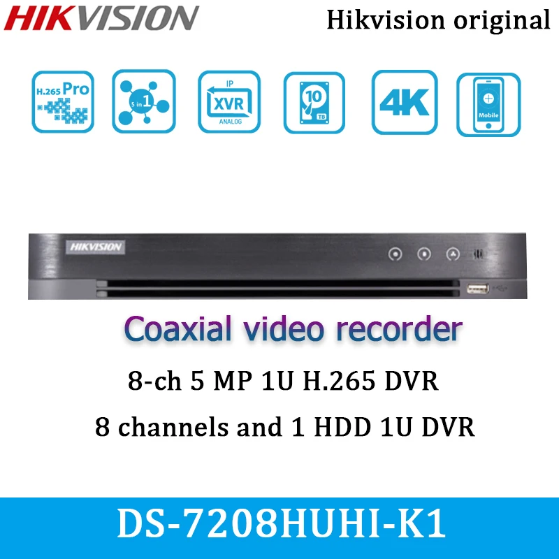 

Hikvision 8CH 4K XVR DVR DS-7208HUHI-K1 5MP 1U 1 HDD H.265 pro + до 16 сетевых камер, можно подключить ONVIF английская версия