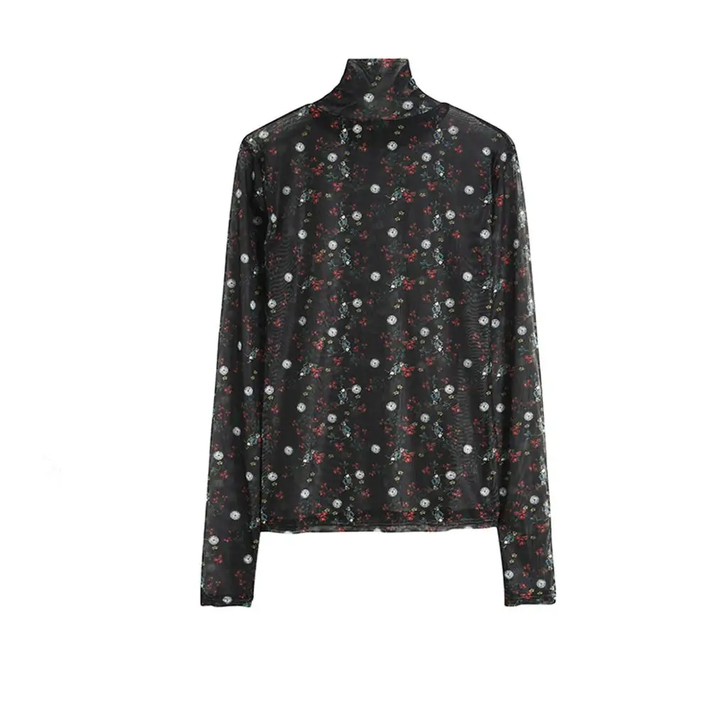 Women's spring autumn turtleneck long sleeve flower print chic short base shirt female casual slim blouse top TB4045