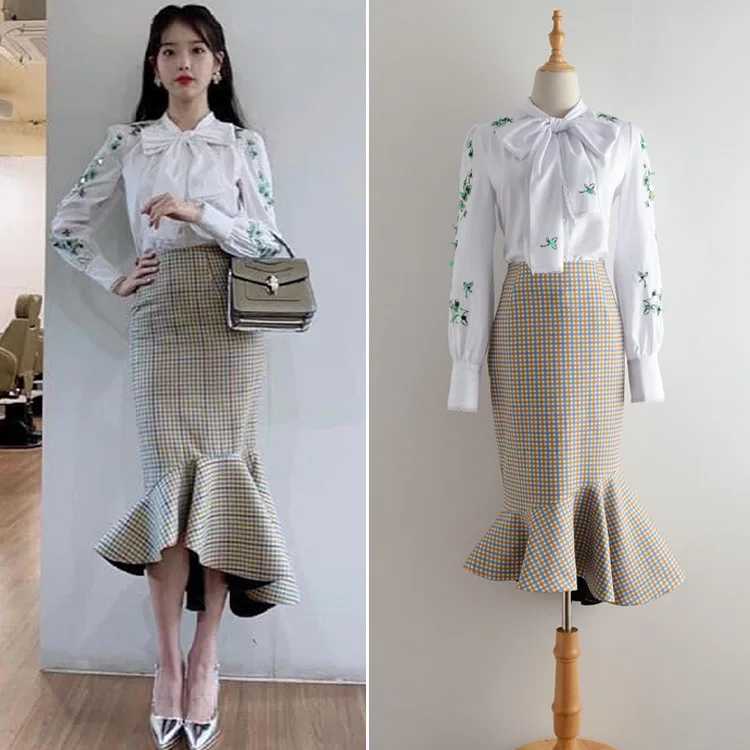 

kpop IU Lee Ji Eun same 2023 summer White bow-kont chiffon shirts tops and slim High waist fishtail skirts women two piece set