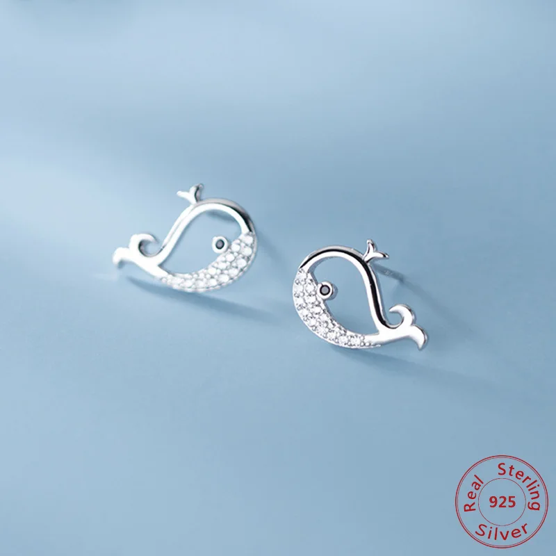 925 серебряные пухленькие милые маленькие серьги в виде Кита с фианитом CZ для