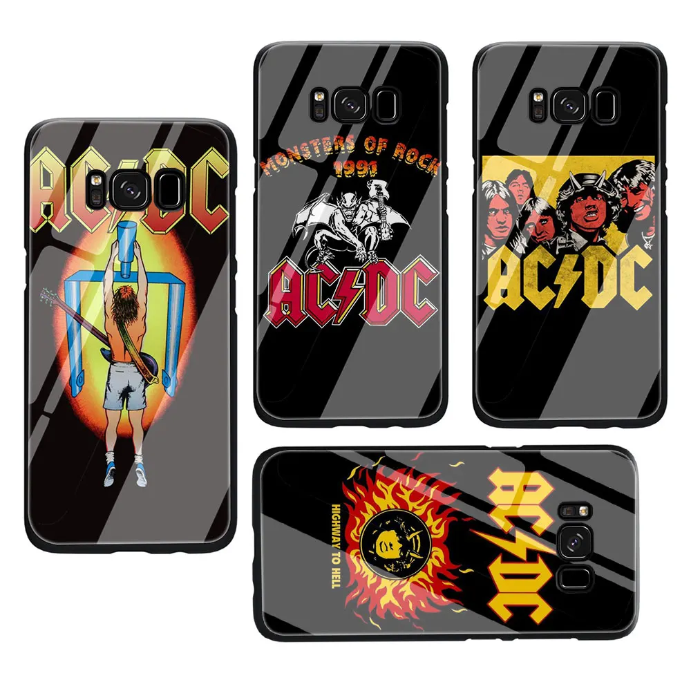 ACDC рок-группы закаленное Стекло TPU черный чехол для Galaxy S7 край S8 S9 S10 Plus, Note 8, 9, 10, A10 20 30 40 50 60 70