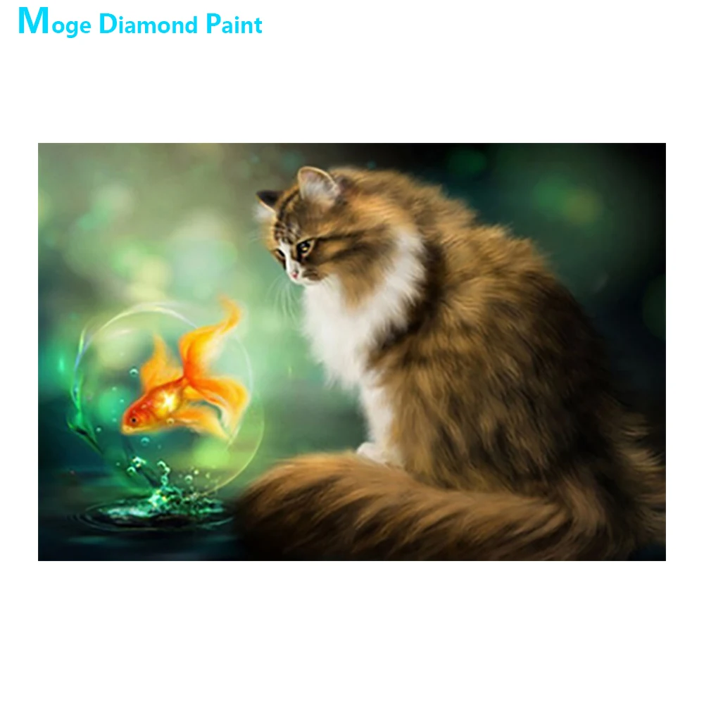 Животные Кот Золотая рыбка Алмазная картина вышивка крестиком полная круглая