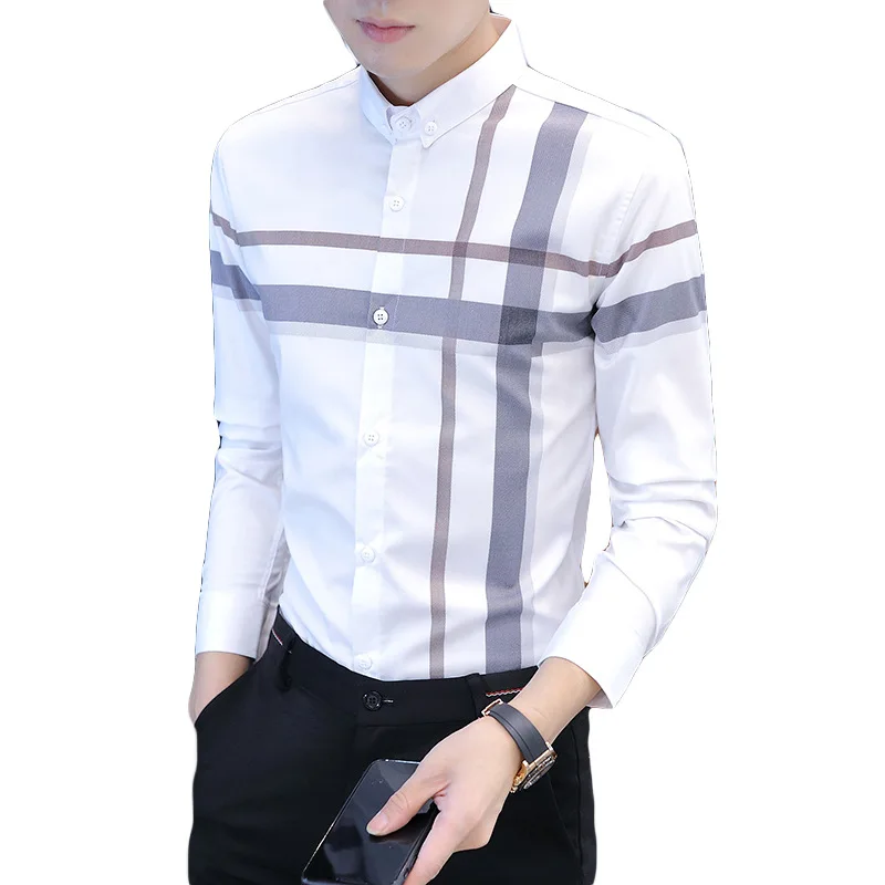 

2021 spring British Plaid striped shirt men's long sleeve slim Korean version ruffian hairdresser shirt trend