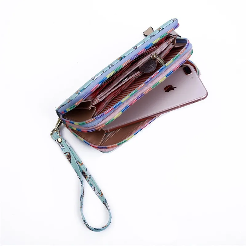 

Fashion Cute Cat Print Wallet Long Double Fish Style Zippers Women Wallet Cute Student Purse Card Holder Coin Phone Purse