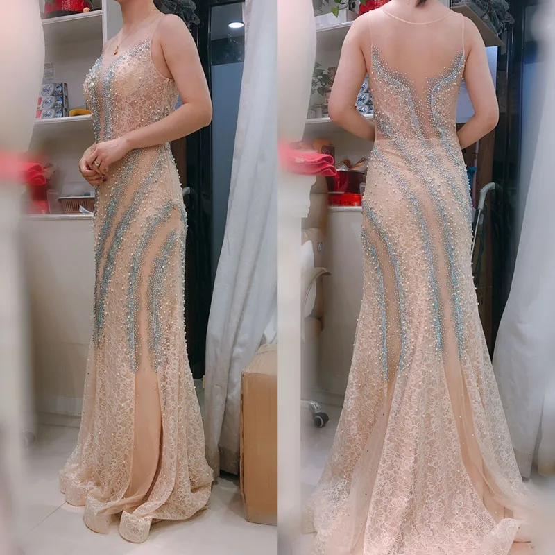 

LE40785 Sexy Mermaid Evening Dresses Gold Beading O-neck Luxury Dubai Design Prom Dresses