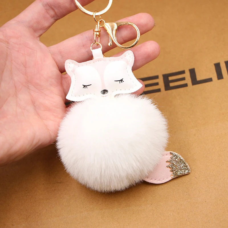 

Product Fox Pu Leather Plush Bag Keychain Fox Head Doll Toy Fur Ball School Bag Accessories Fluffy Soft Faux Rabbit Fur Keychain