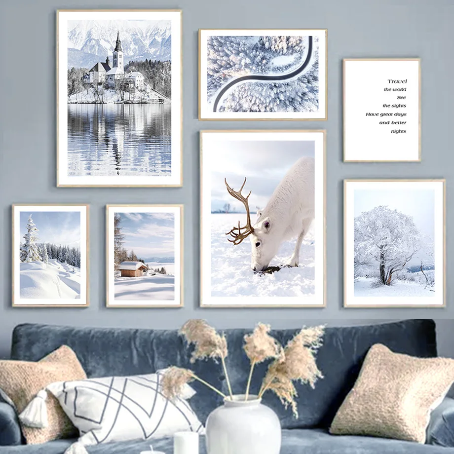 

Winter Snow Mountain Forest Deer Canvas Painting Art Nordic Posters and Prints Wall Pictures for Living Room Decor Frameless