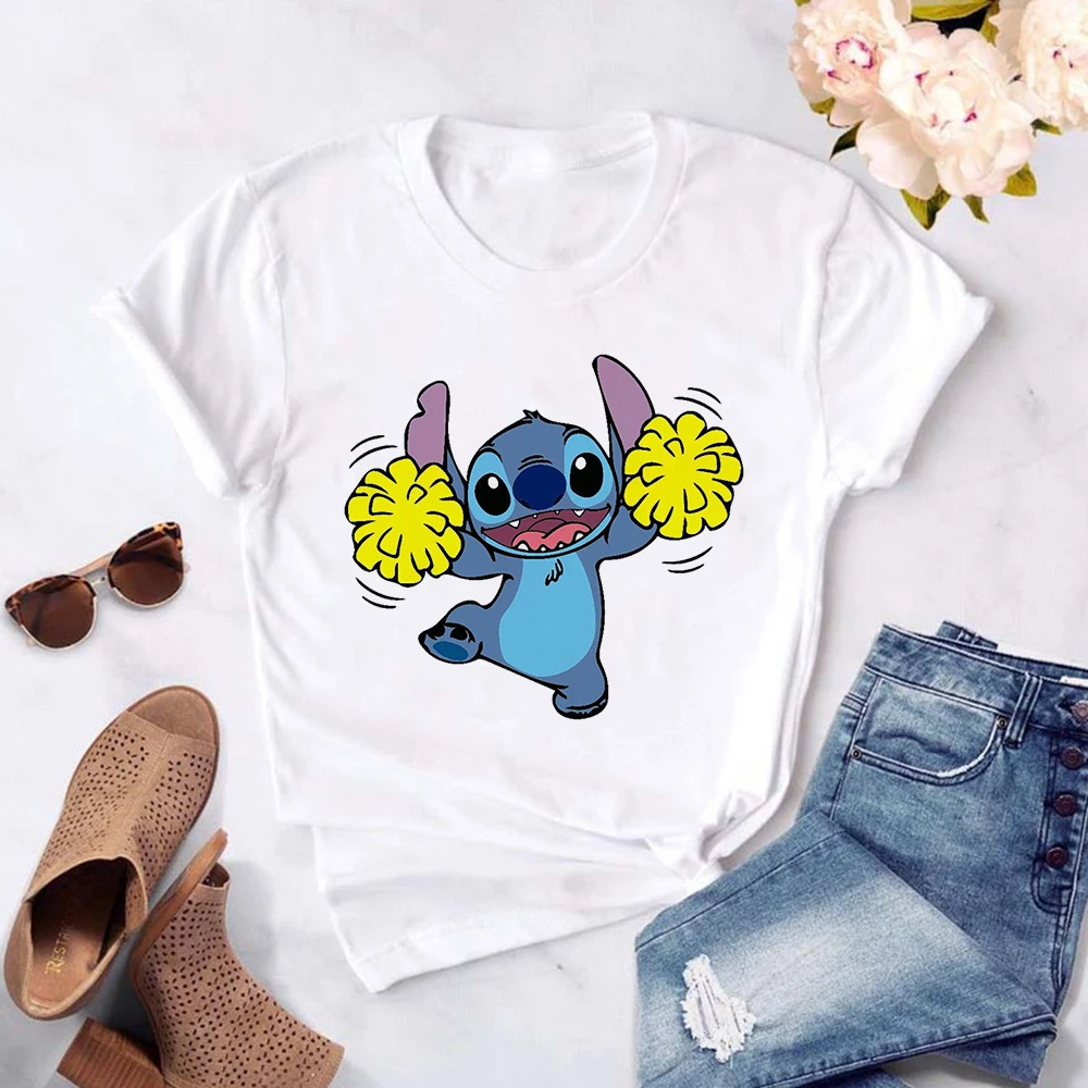 

Disney Kawaii Stitch Cheerleader Print Summer Tops Women O-neck Tshirt Fashion 2021 Aesthetic Girls T shirt Y2K Cute Style