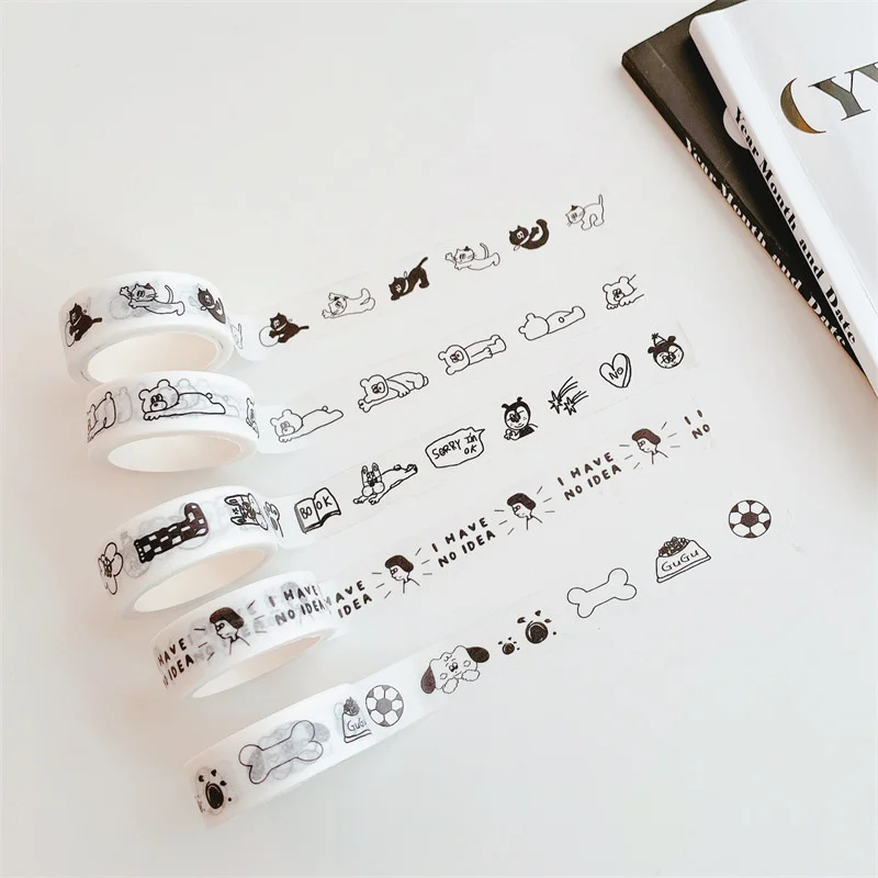 Korean Ins Cartoon Cute Bear Decorative Tape Black White Brief Strokes Kawaii Sealing Sticker Masking Washi Tape Stationery 5m