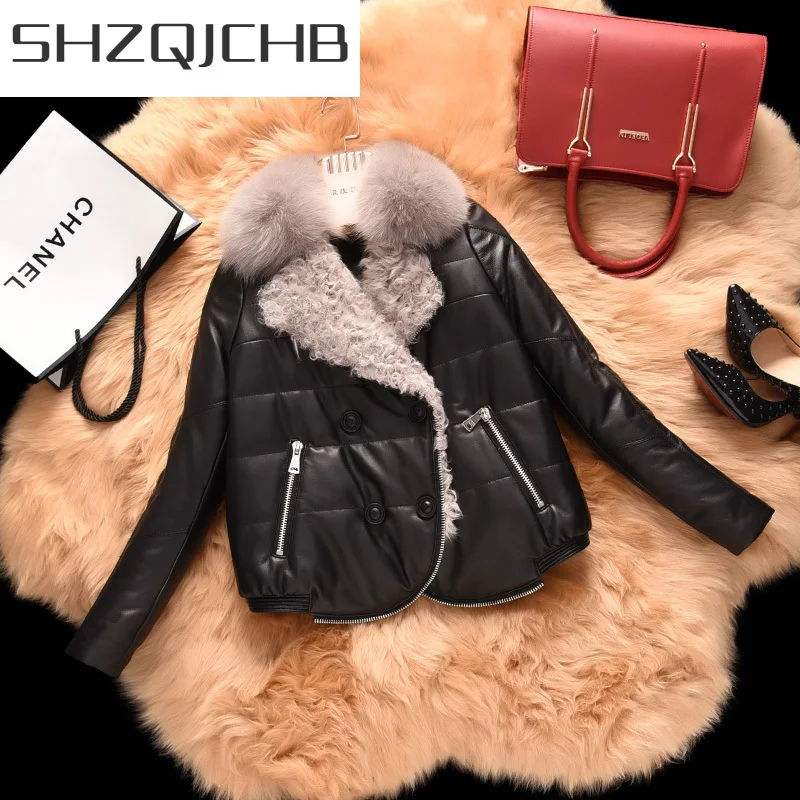 

SHZQ Warm Fox Fur Collar Genuine Leather Jacket Women Winter White Duck Down Jacket Real Sheepskin Coat Female Outwear 5072M01