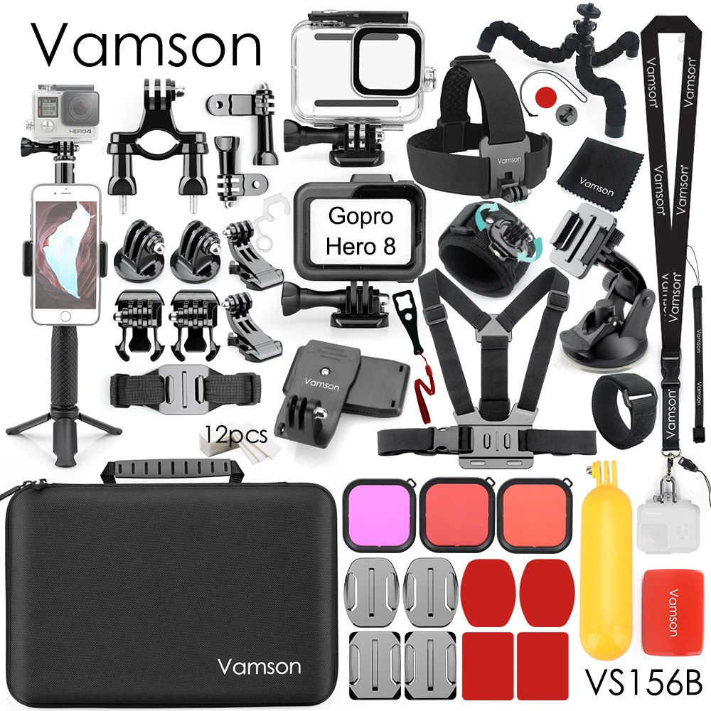 VS156B Vamson для экшн-камеры GoPro, комплект аксессуаров, водонепроницаемый чехол, набор для Go Pro Hero 8, черный аксессуар для экшн-камеры VS156 - Цвет: VS156B