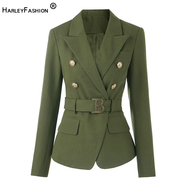 HarleyFashion New Collection Army Green Women Denim Jacket Stylish Quality Blazer with Belt