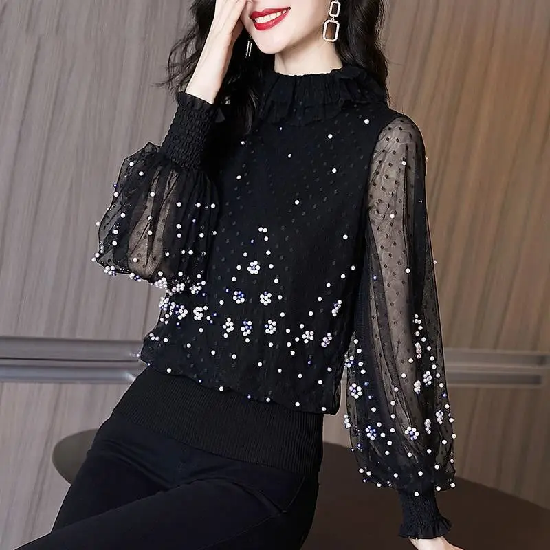 

Oversized 4XL Black Beaded Women Shirts Summer New Lantern Sleeved Slim Lady Elegant Pulls Tops