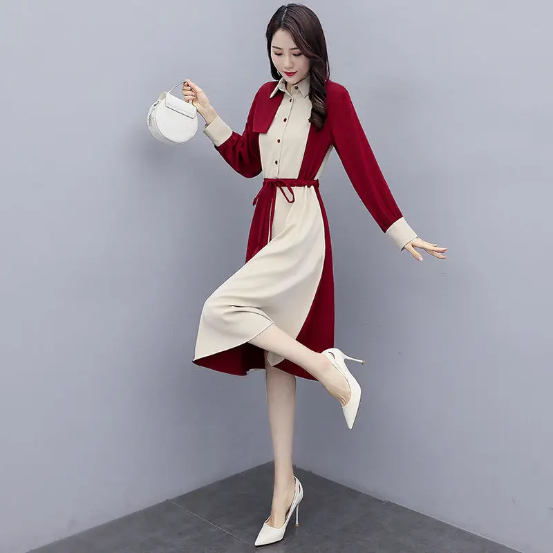 

Women 2020 Spring Summer New Vintage Dress Female Elegant Patchwork A-line Dresses Ladies Chic Sashes Notched Dress P189