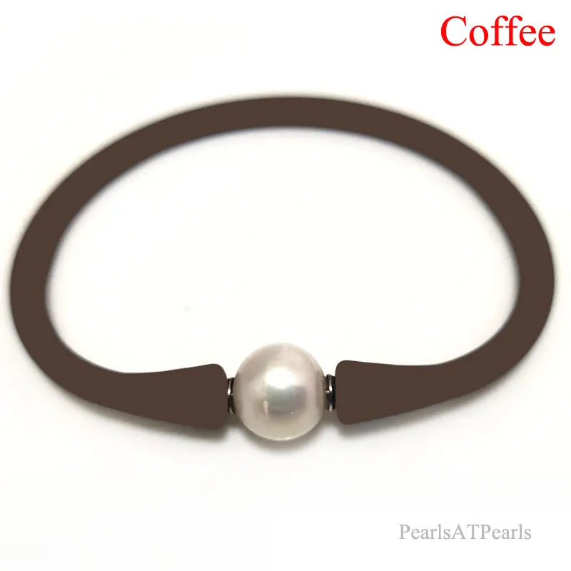 

7.5 inches 10-11mm One AA Natural Round Pearl Coffee Elastic Rubber Silicone Bracelet For Men