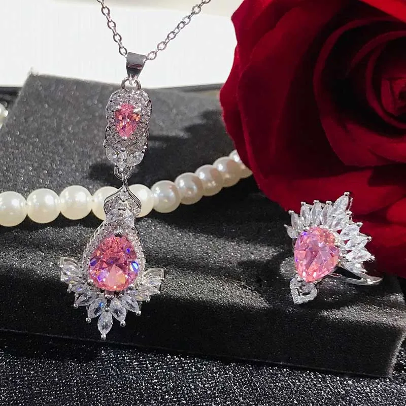 

Europe America Geometry Jewelry Set Inlay Pink AAA Cubic Zircon Exquisite Pendant Necklace/Ring For Women Wedding Engagement Gif
