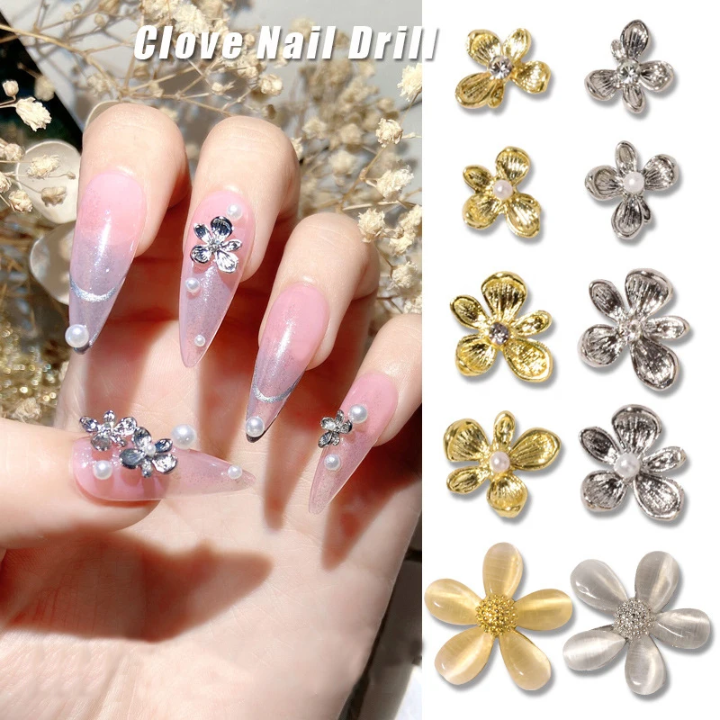 

5Pcs Gold Silver Alloy Flowers Nail Art Decorations Delicate Opal Metal Manicure Jewelry Accessories Wholesale Dropshipping
