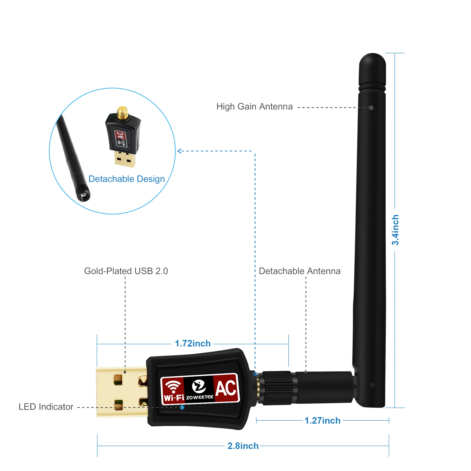 Беспроводной мини Wi-Fi адаптер Zoweetek 2d600Mbps 802.11ac двухдиапазонный 2 4G/5G USB сетевой