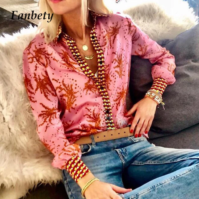 Женская блузка в стиле бохо Fanbety элегантная рубашка с цветочным принтом и