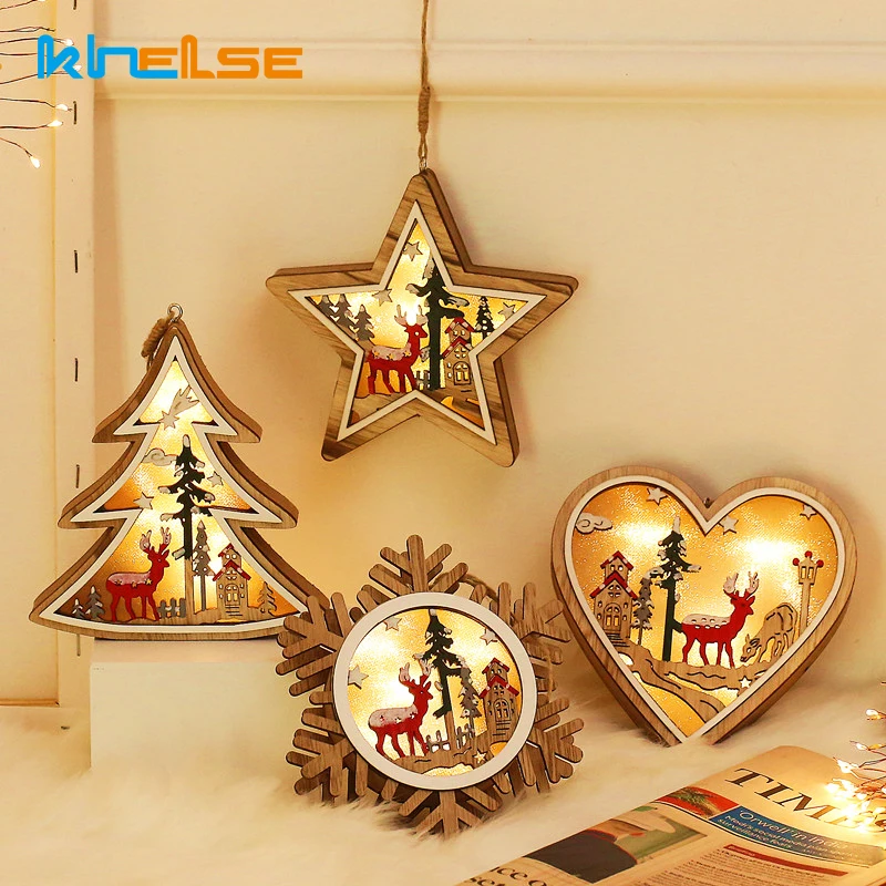 Деревянный Рождественский светодиодный светильник Звезда Сердце круглая форма