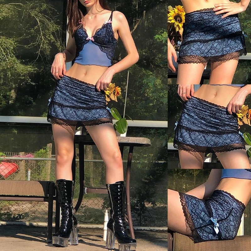 

Women Sexy Double Layer Sheer Floral Lace Slim A-Line Mini Skirt with Lining D08E