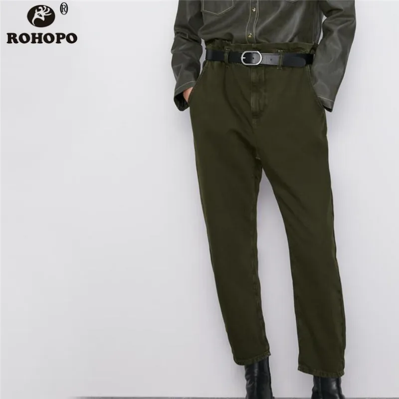 ROHOPO, армейский зеленый хлопок, джинсовые широкие джинсы, высокая талия, оверлок, талия, с отворотом, карманы, свободные, джинсовые брюки#1190
