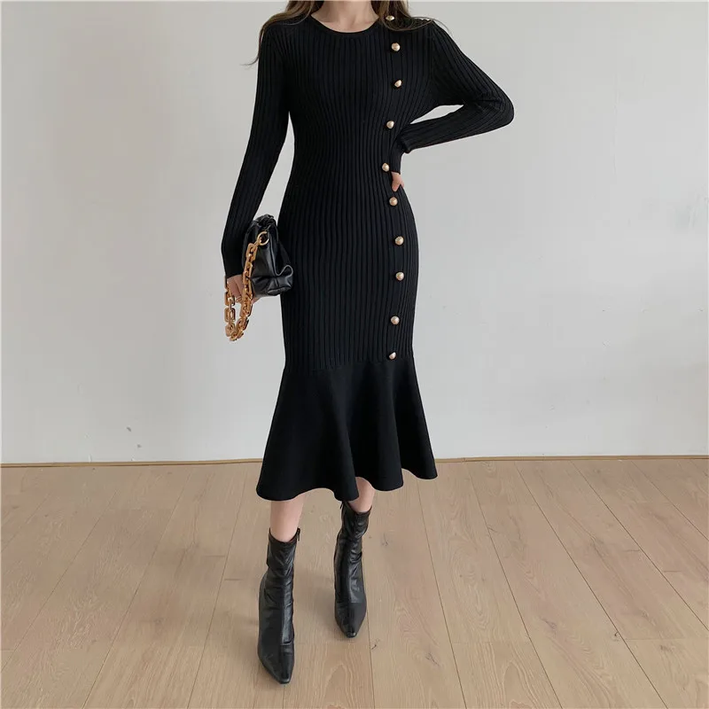 

Elegant Knit Dress Women Long Sleeve Slim Office Mermaid Dresses Female Sweater Knitted Dress 2021 Spring