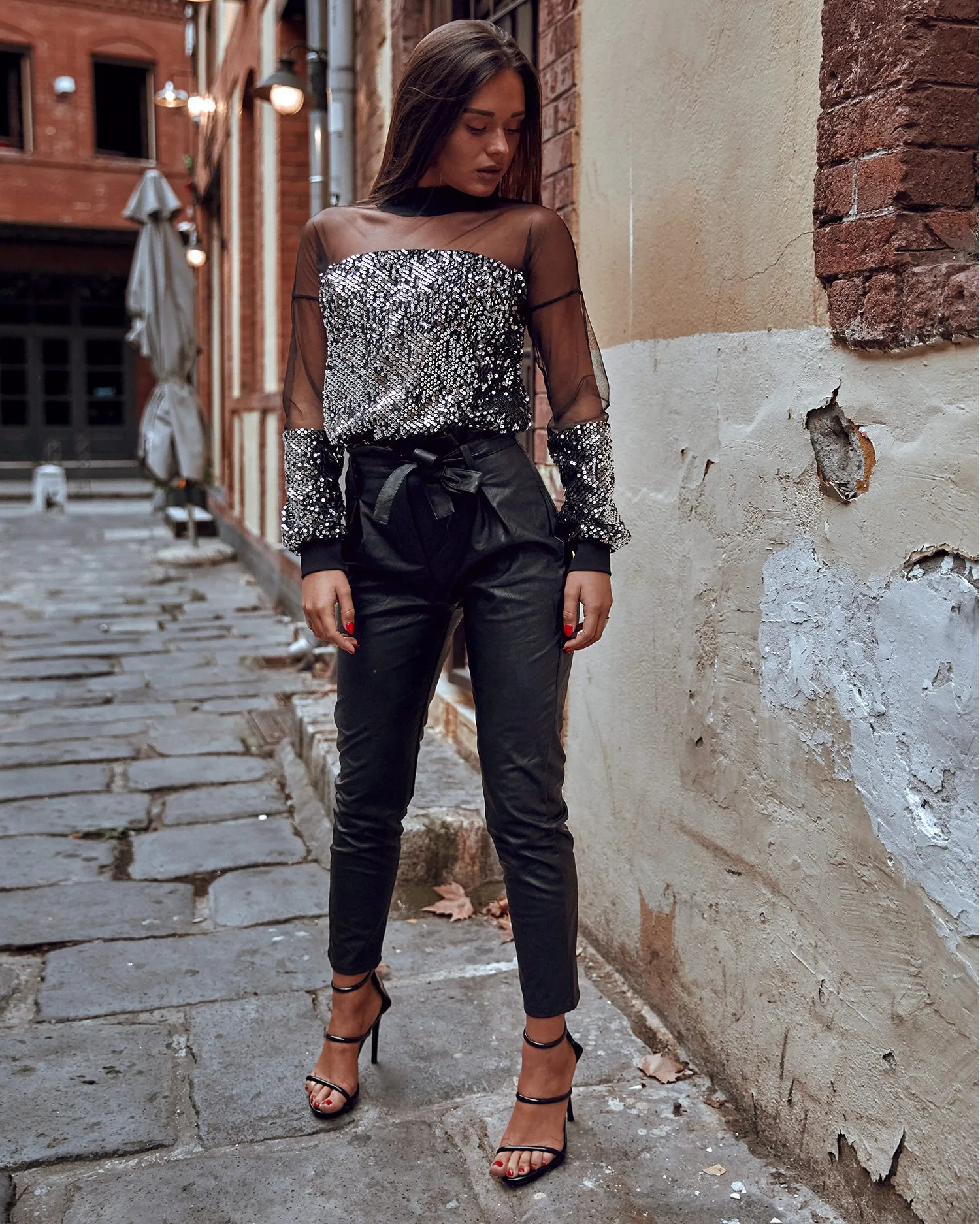 Женские мини-футболки с блестками сетчатые футболки высоким воротом модные