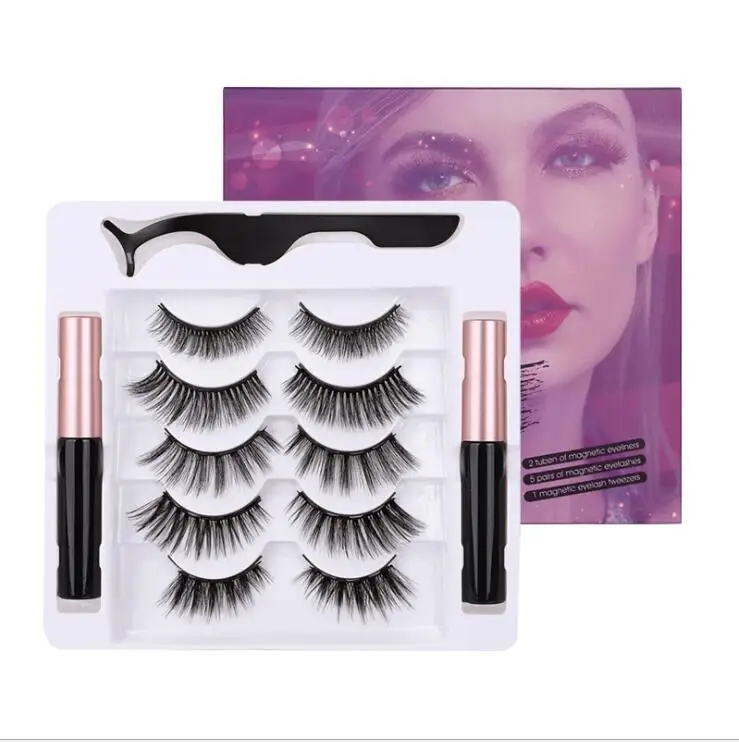 

STOCK 5 Pairs Magnetic Eyelashes Liquid Eyeliner Kit With Tweezers Reusable 3D 6D False Lashes Magnetic Eyeliner Natural