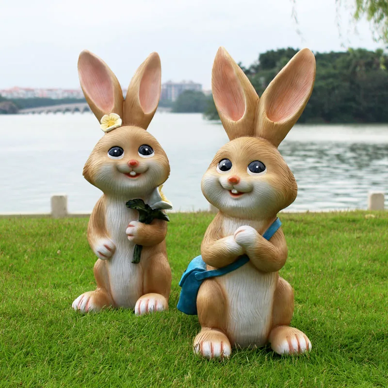 Estatua de huerto y jard&iacute;n al aire libre, accesorios decorativos de jardiner&iacute;a, escultura de conejo de Animal de dibujos animados, adorno de caba&ntilde;a de jard&iacute;n para el hogar-3