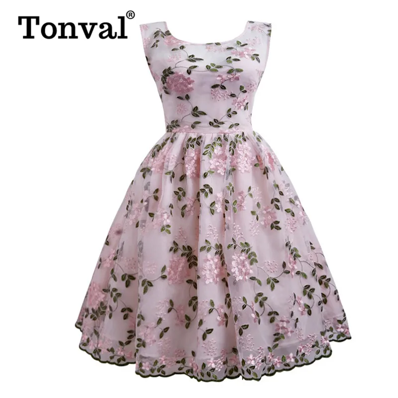 Женское плиссированное платье Tonval винтажное с цветочной вышивкой прозрачное