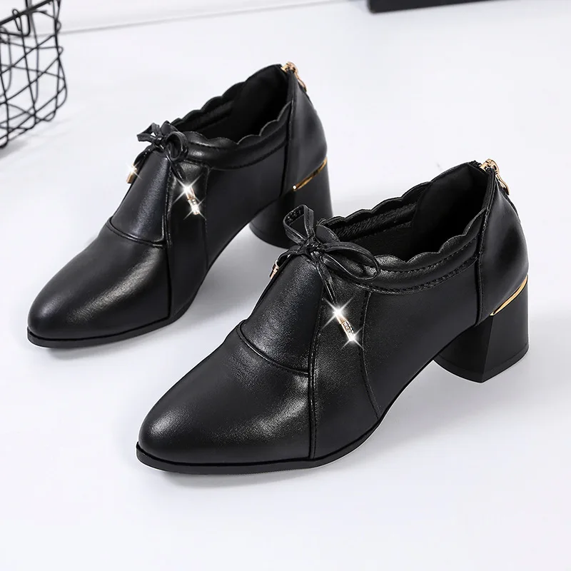2021 Ladies High Heels Leather Shoes Mesh Sexy Pointed Black Fashion Women's Shoes Mid-heel Ladies Single Shoes With Heel