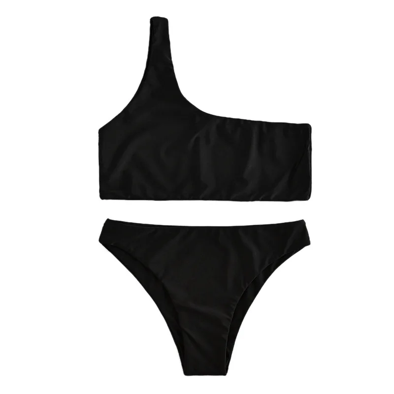 

Women Sexy Bikini Set Black One Shoulder Bandage Set Swimwear Swimsuit Bathing Suit Tankini Beachwear Holidays Two Piece
