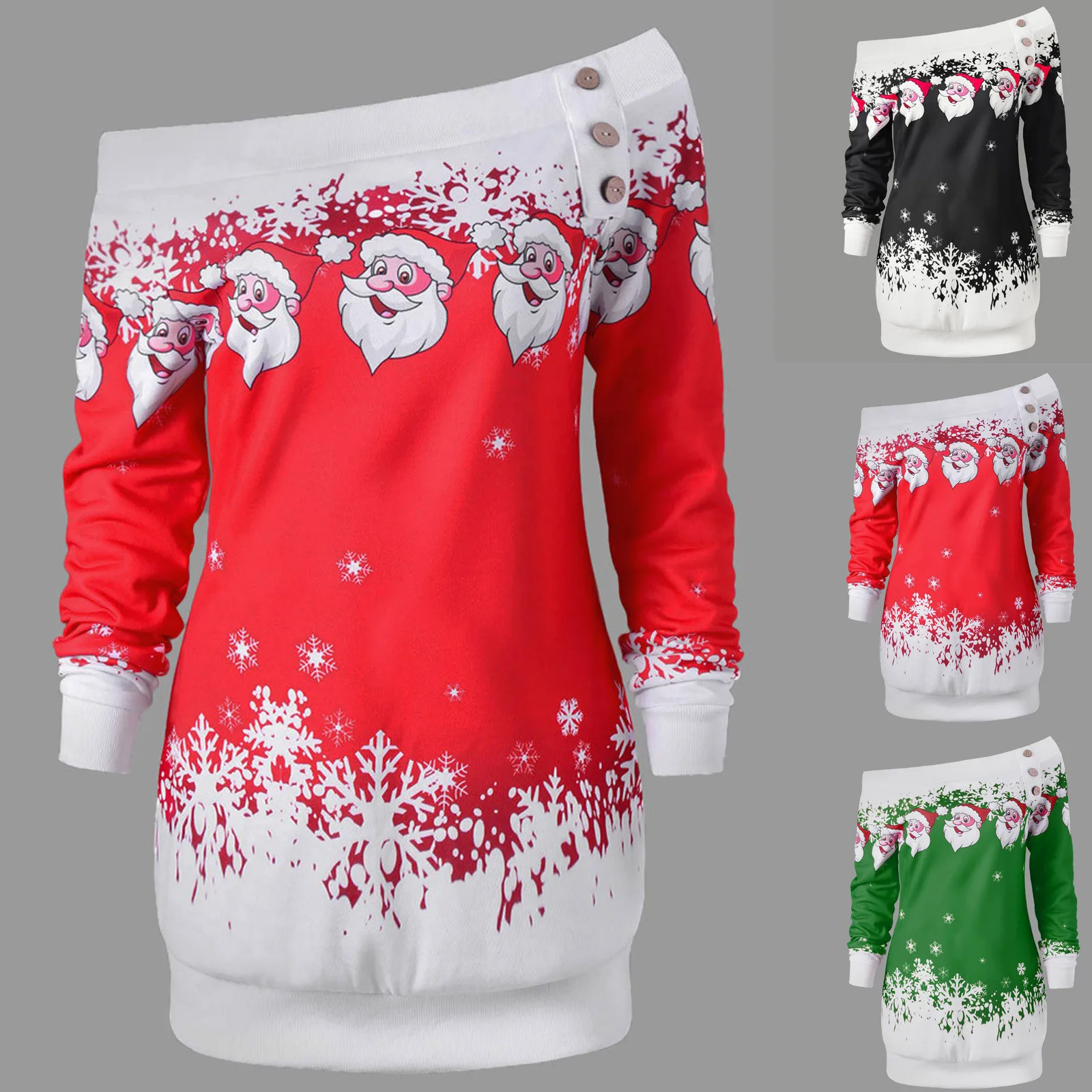 

Womens Christmas Sweatershirts Long Sleeve Off The Shoulder Bag Hip Santa Snowflake Print Midi Pullover Dress