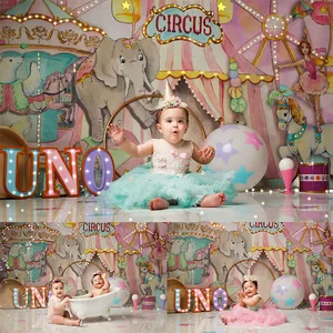 Фон для фотосъемки в цирке, день рождения, розовый тент, слон, детский душ, Вечерние Декорации для фотографий, торт, стол, баннер, принадлежности