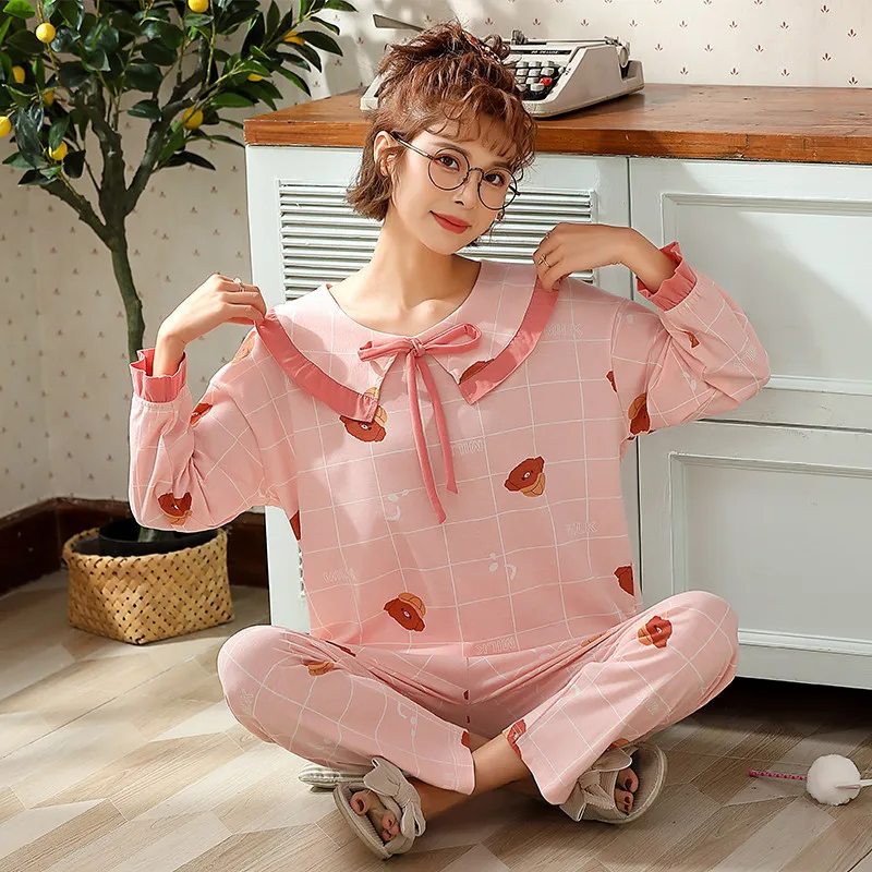 Spring New Women's Pajamas Doll Collar Princess Style Pajamas Round Neck Lovely Knitted Cotton Home Suit Pajama Set Women