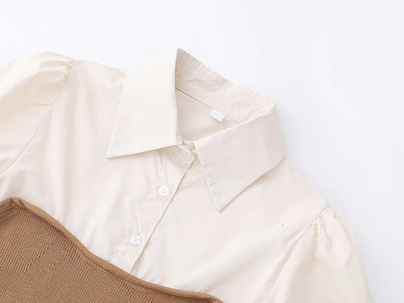 

[EAM] Women Khaki Spliced Knititng Blouse New Lapel Short Puff Sleeve Loose Fit Shirt Fashion Tide Spring Summer 2021 1DD7433